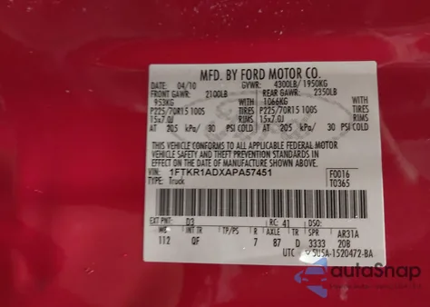 2010 Ford Ranger Xl/Xlt from USA, damaged, VIN 1FTKR1ADXAPA57451